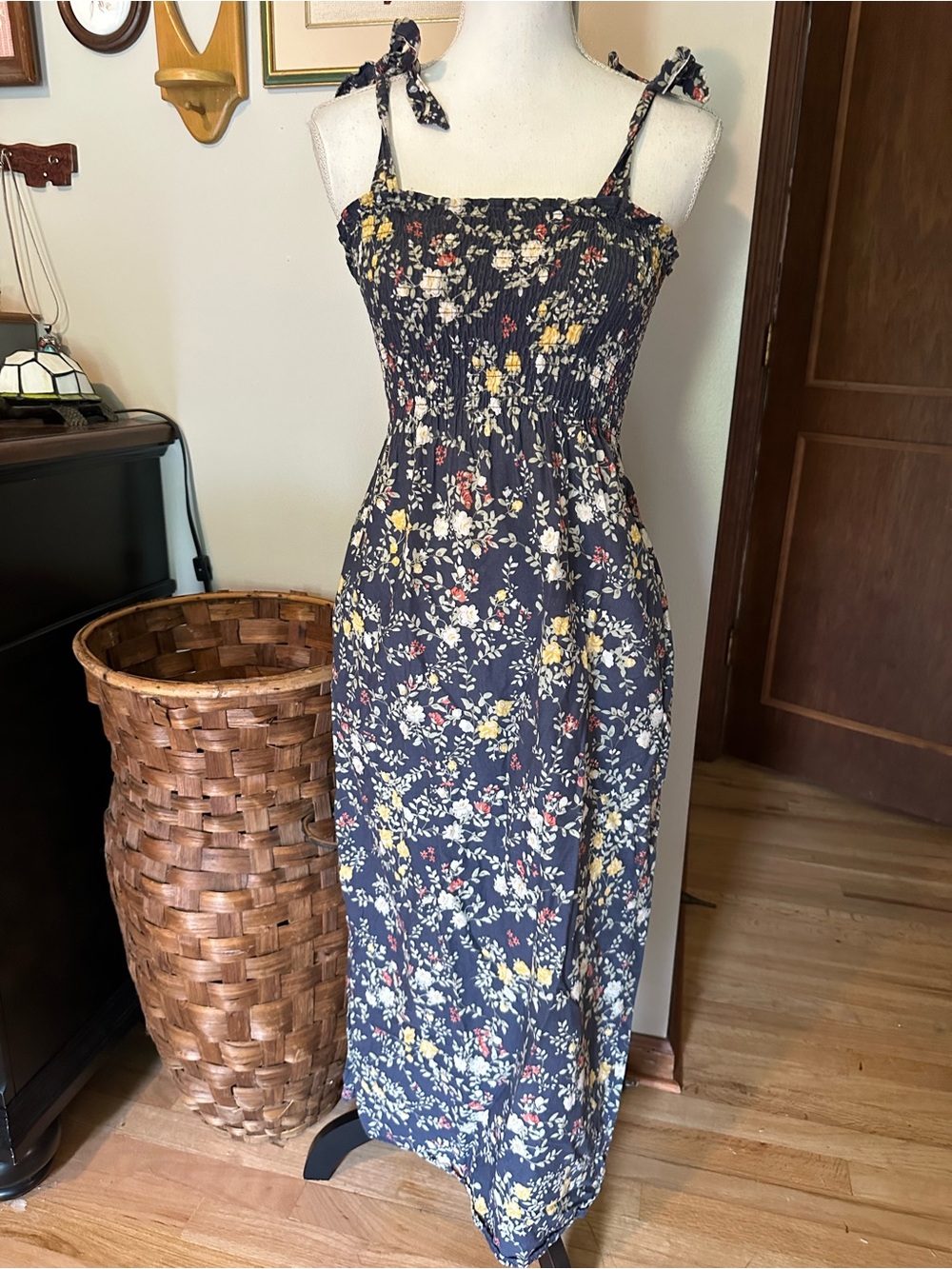 Navy handmade floral midi dress with adjustable tie straps